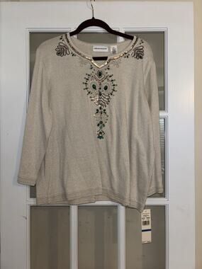 Embellished Cream Long-Sleeve Sweater with Green Accents